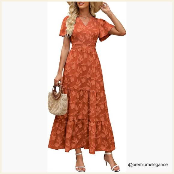Dresses & Skirts - Boho Floral Maxi Dress Wrap V Neck Flutter Sleeve Tiered A Line Summer